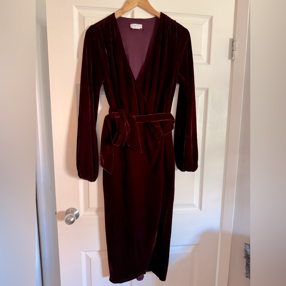 Adrianne Midi Wrap dress in  Wine red color in size S - velvet